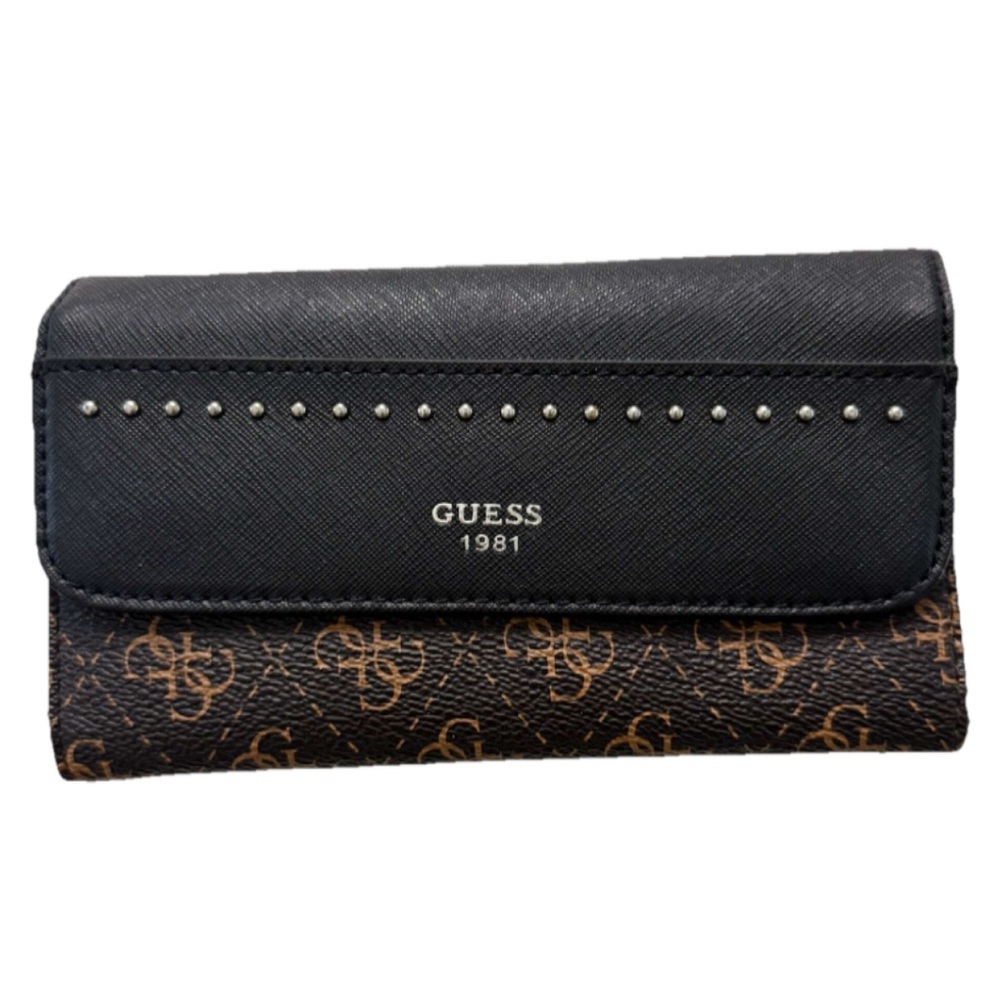 GUESS Women’s Logo Tri-Fold Wallet Brown Black Studded Snap Closure– WEAR INSIDE